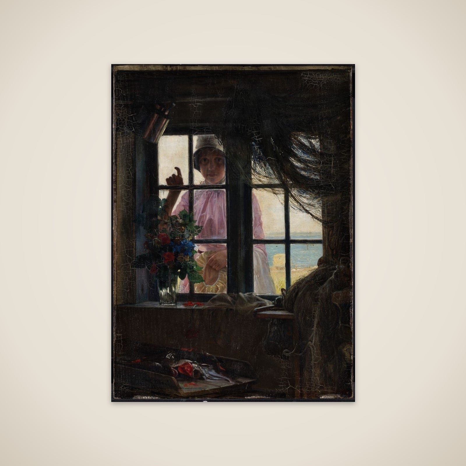 I badetimen. En ung pige banker på vinduet i et fiskerhus unframed print