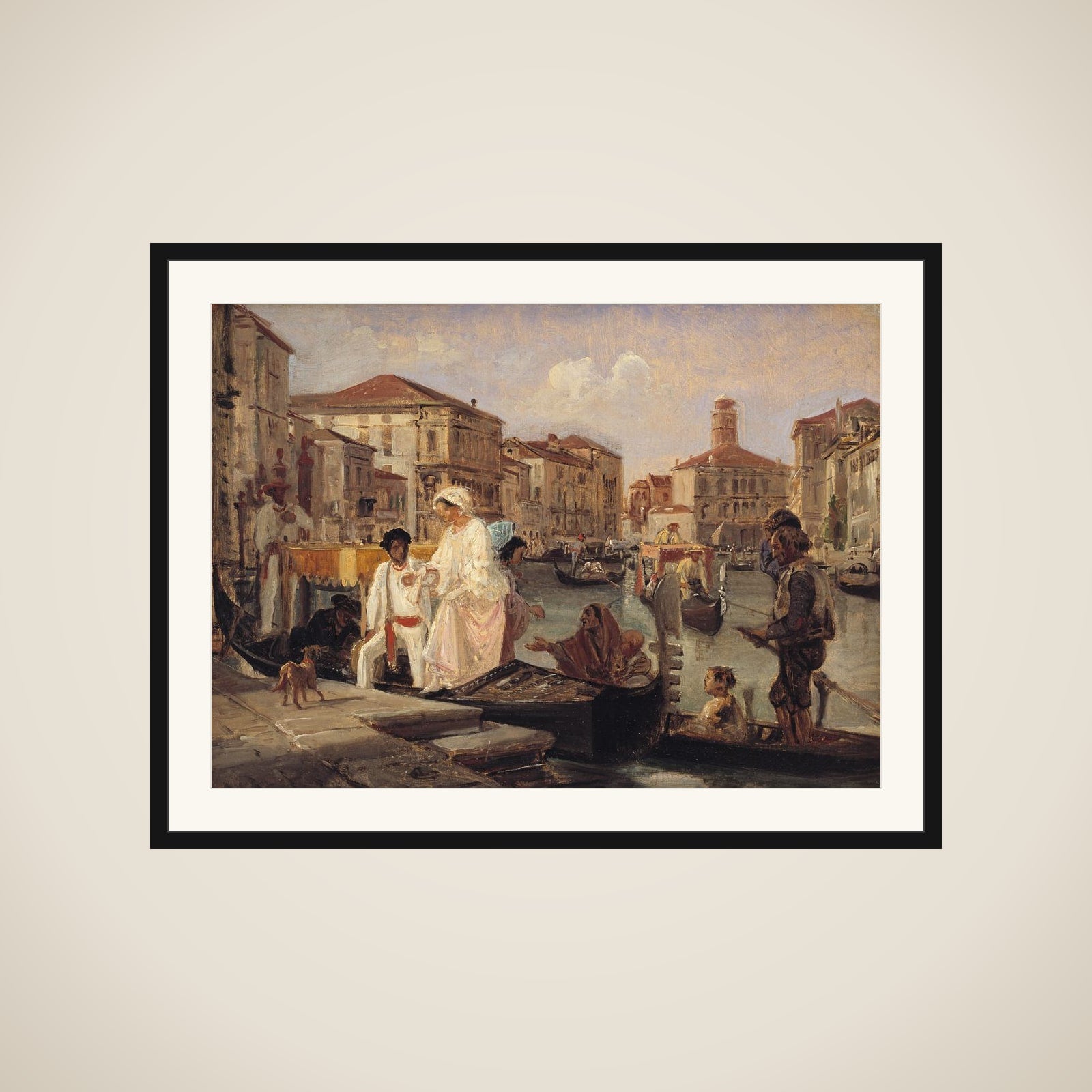 Landstigning i Venedig. En tiggergondol har på Canal Grande fulgt en herskabsgondol framed