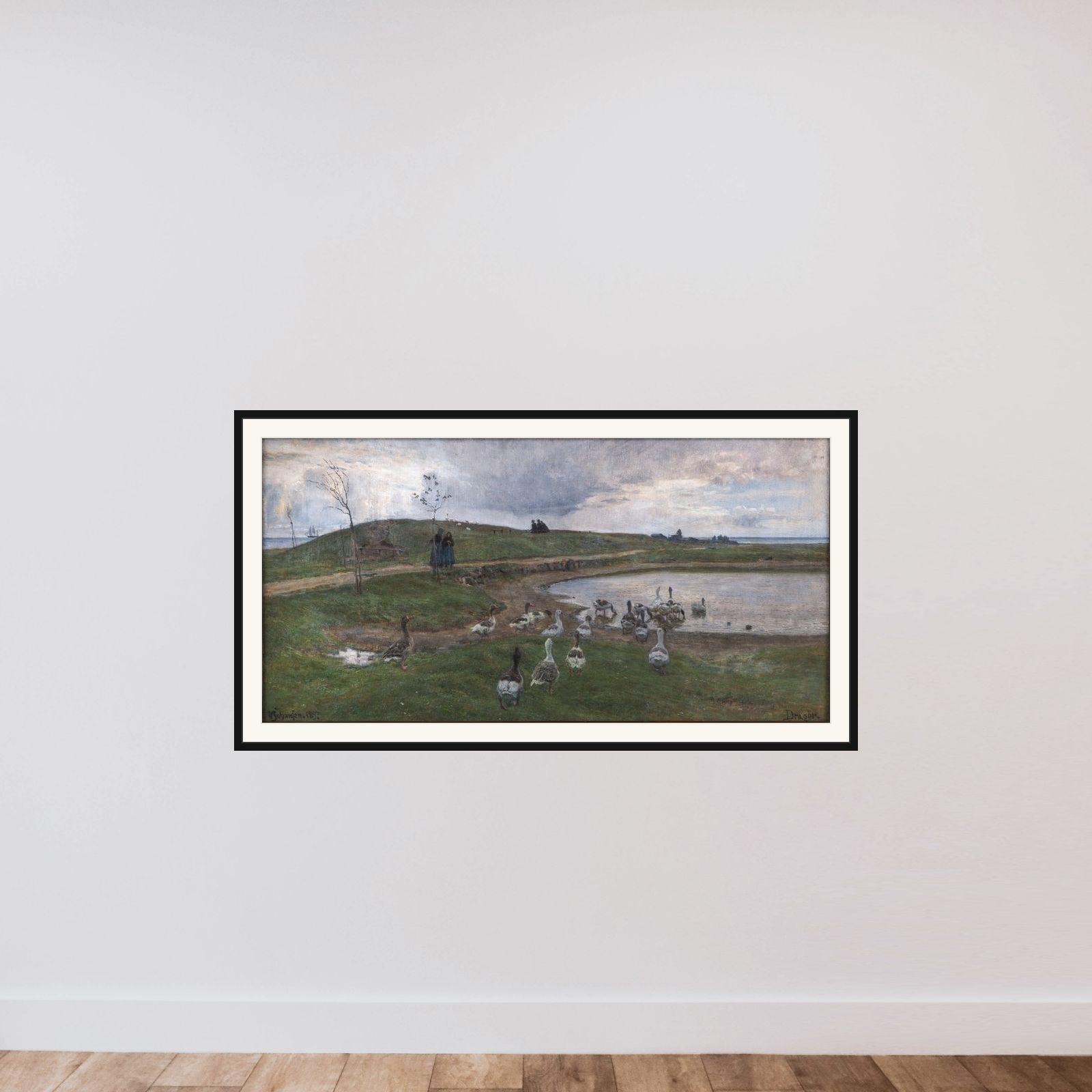 Gæs ved en sø. Mod uroligt vejr. Dragør framed — shown to scale