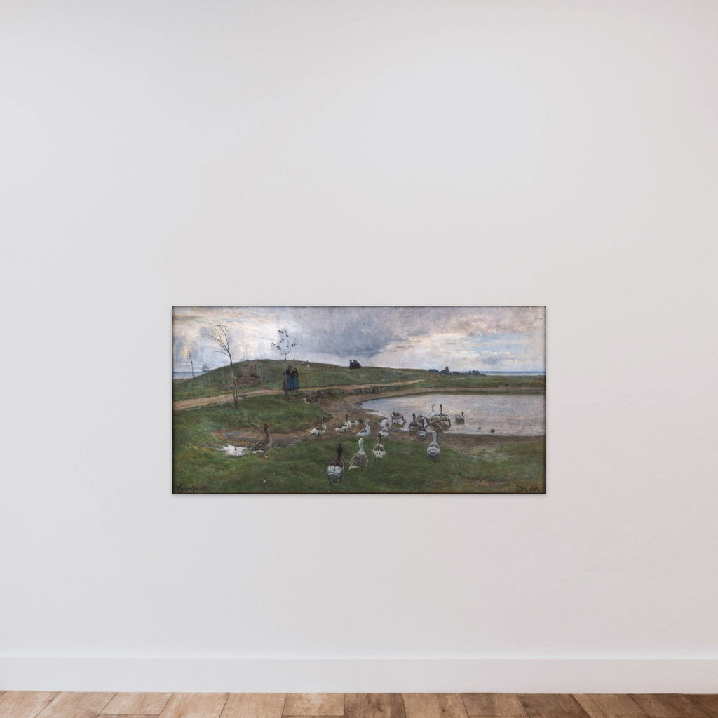 Gæs ved en sø. Mod uroligt vejr. Dragør unframed — shown to scale
