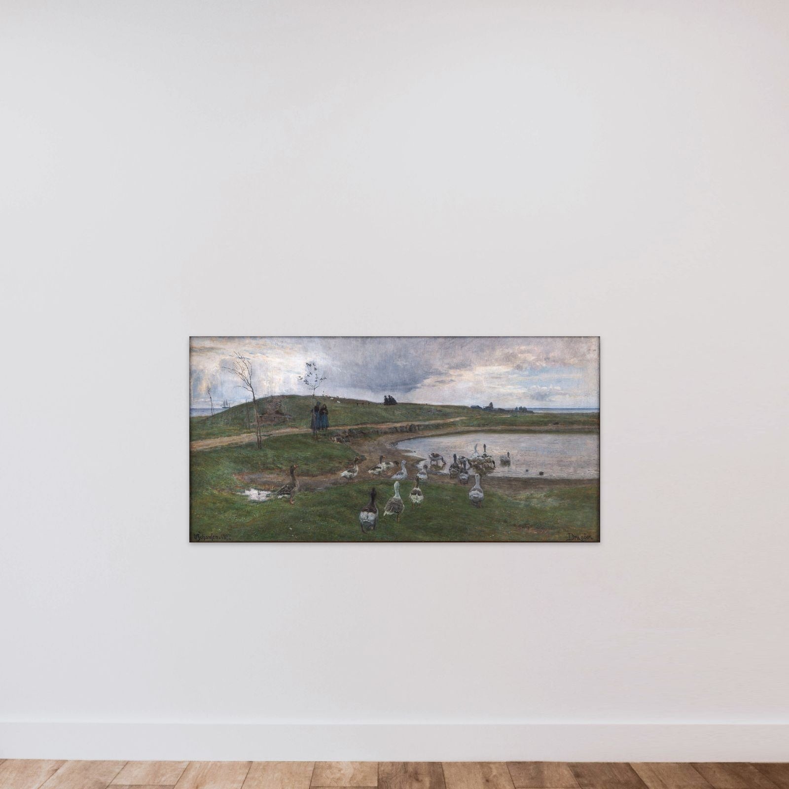 Gæs ved en sø. Mod uroligt vejr. Dragør unframed — shown to scale