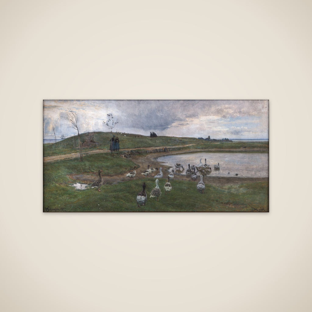 Gæs ved en sø. Mod uroligt vejr. Dragør unframed print
