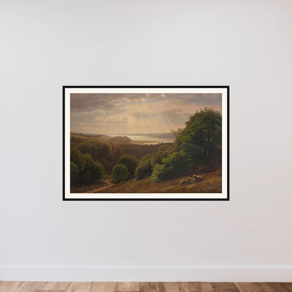 Udsigt fra Vesterskov ved Mariager; i baggrunden fjorden framed — shown to scale