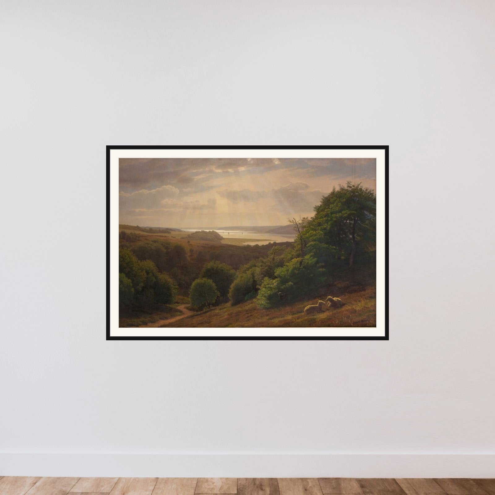 Udsigt fra Vesterskov ved Mariager; i baggrunden fjorden framed — shown to scale