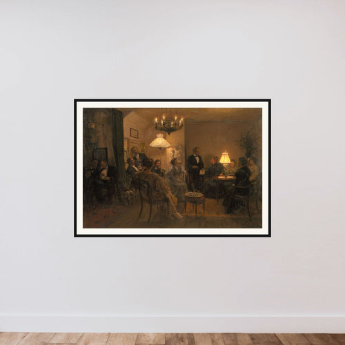 Aftenselskab i mit hjem framed — shown to scale