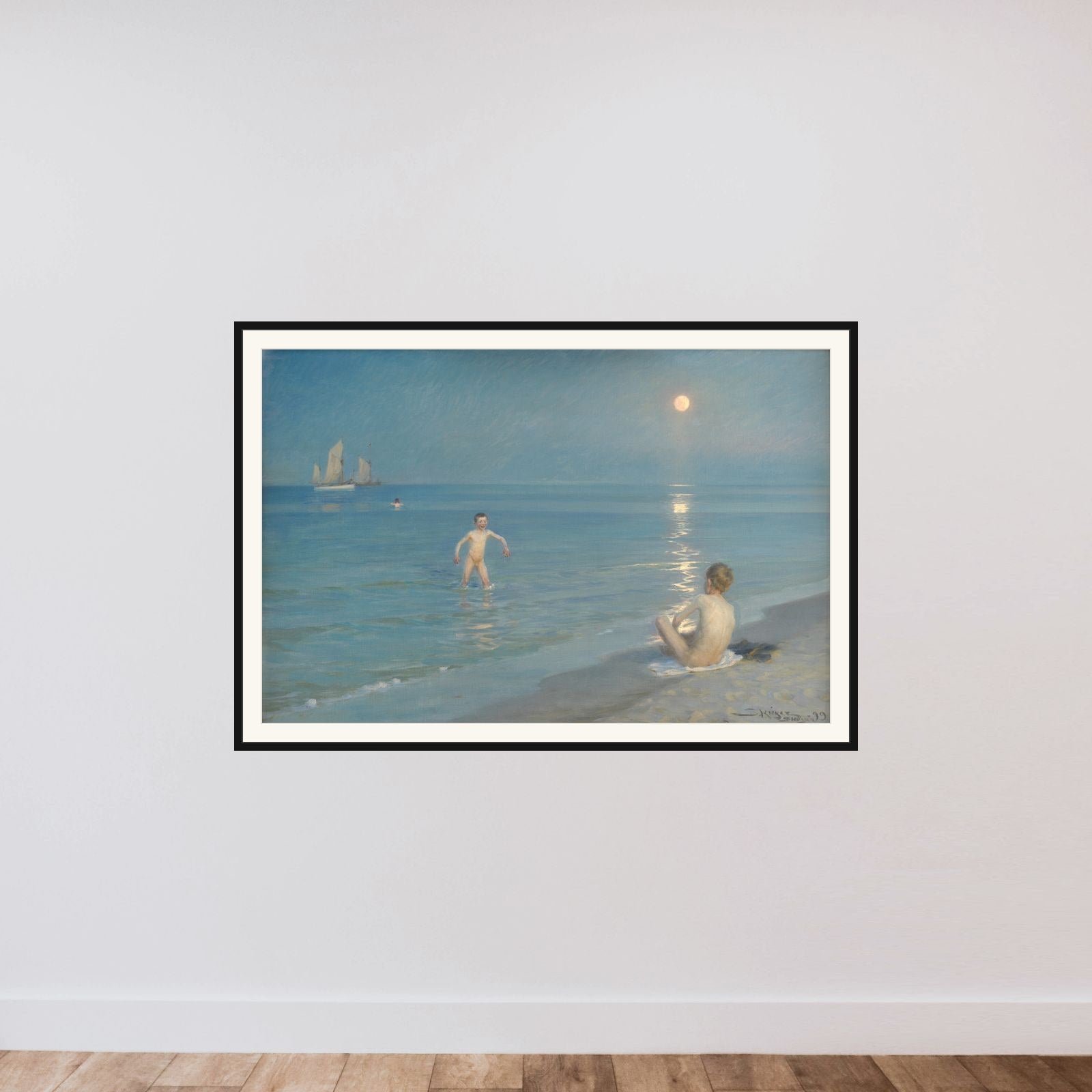Badende drenge en sommeraften ved Skagens strand framed — shown to scale