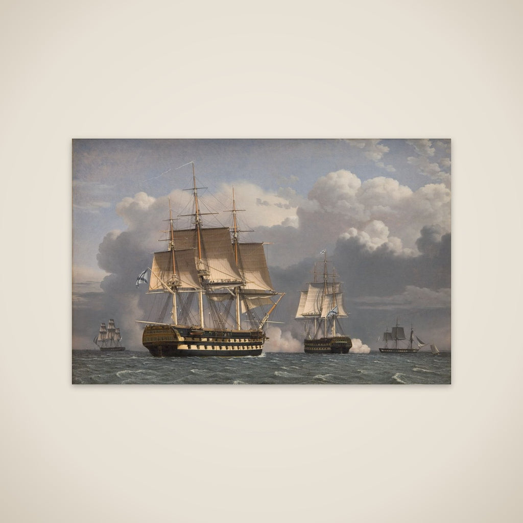 To russiske linjeskibe som saluterer unframed print
