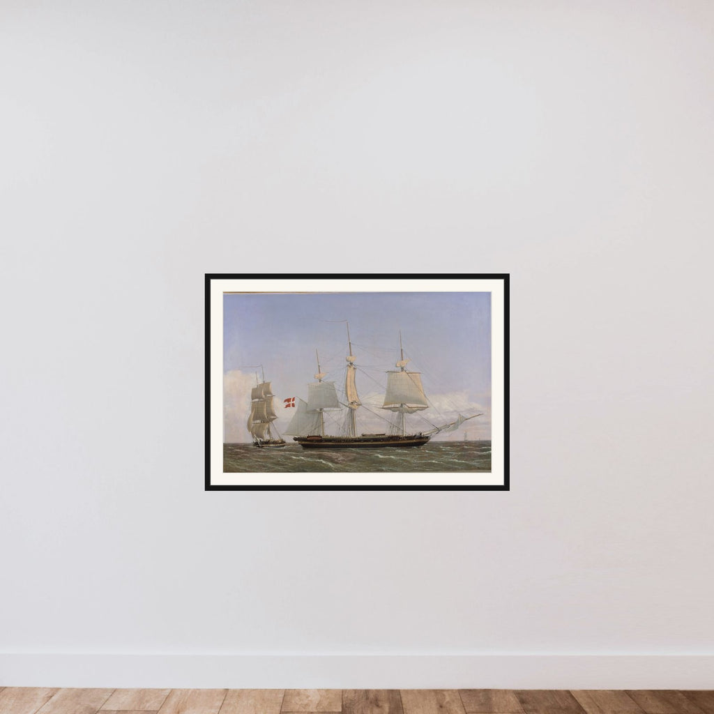 En dansk korvet, som ligger bi for at tale med en dansk orlogsbrig. Scenen er tænkt at foregå i Vestindien framed — shown to scale