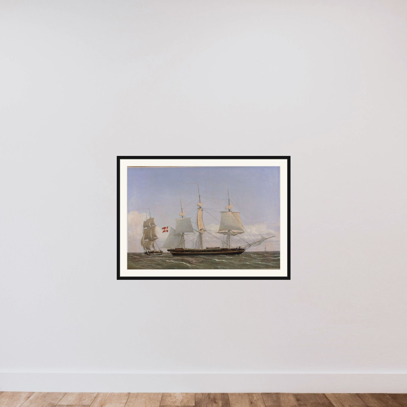 En dansk korvet, som ligger bi for at tale med en dansk orlogsbrig. Scenen er tænkt at foregå i Vestindien framed — shown to scale