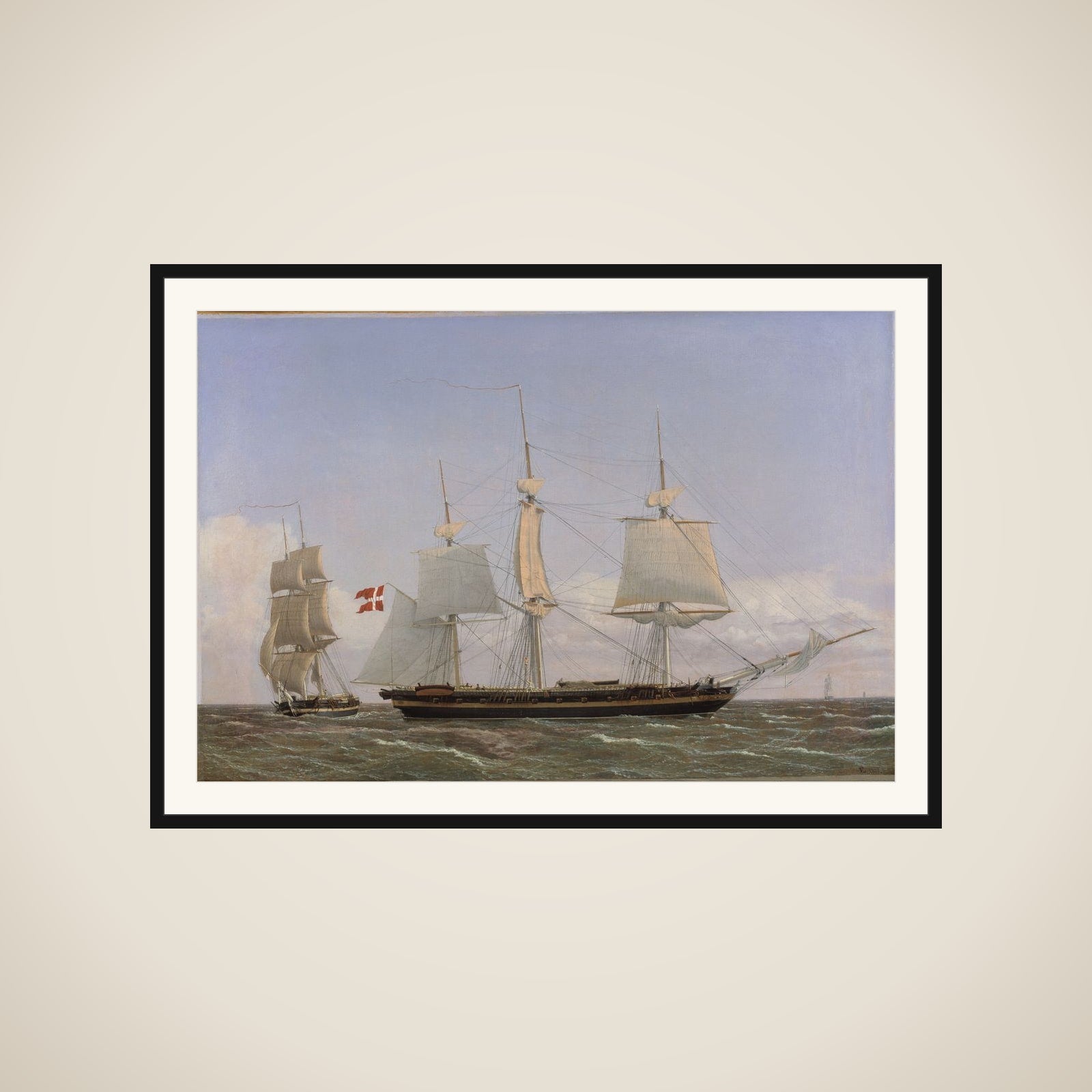 En dansk korvet, som ligger bi for at tale med en dansk orlogsbrig. Scenen er tænkt at foregå i Vestindien framed
