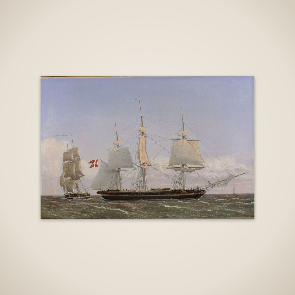 En dansk korvet, som ligger bi for at tale med en dansk orlogsbrig. Scenen er tænkt at foregå i Vestindien unframed print