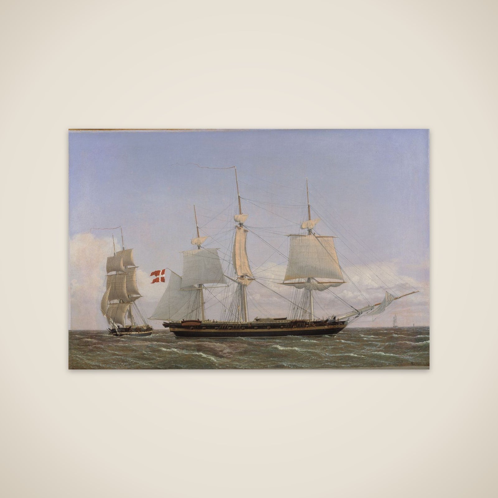 En dansk korvet, som ligger bi for at tale med en dansk orlogsbrig. Scenen er tænkt at foregå i Vestindien unframed print