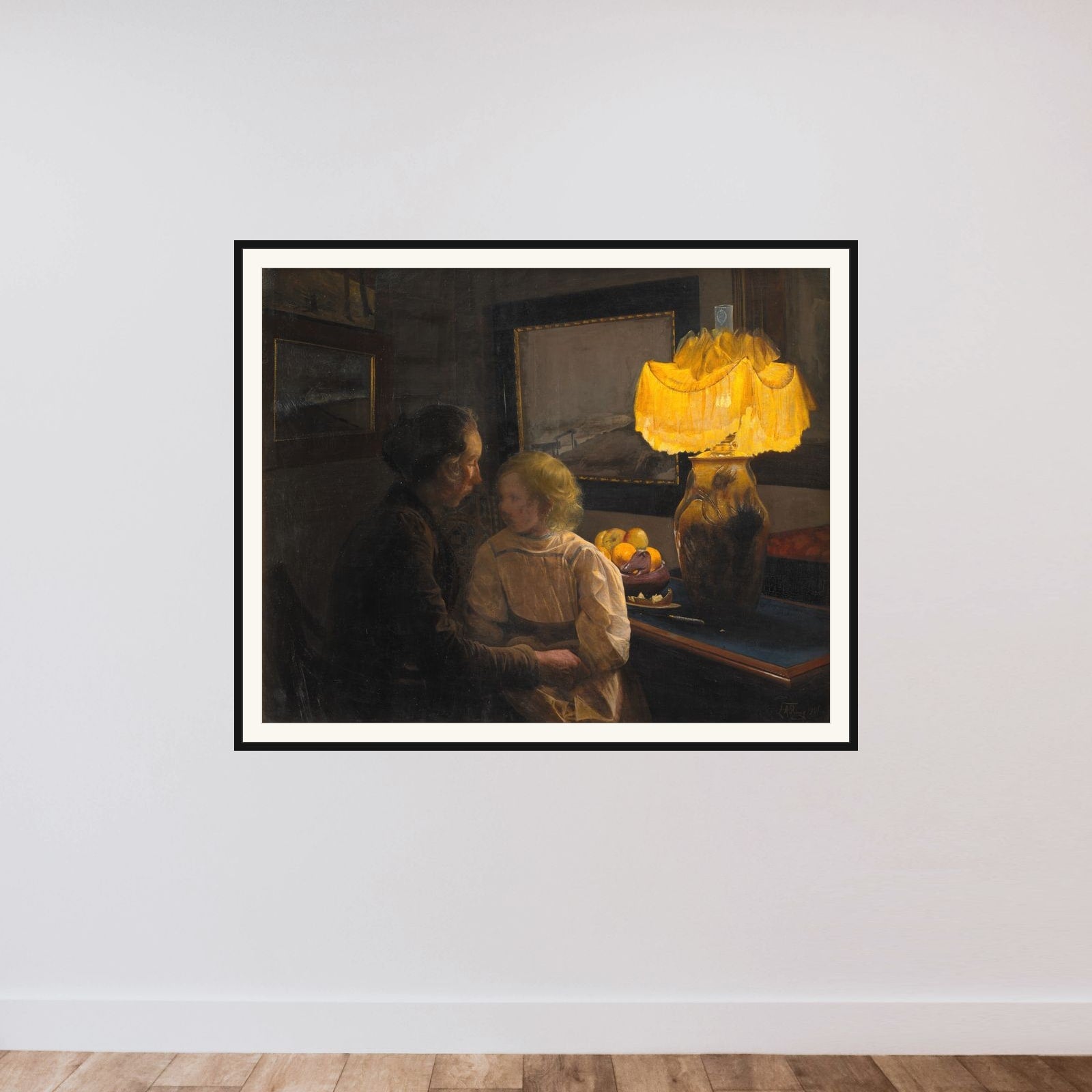 Moder fortæller. Kunstnerens hustru og datter framed — shown to scale