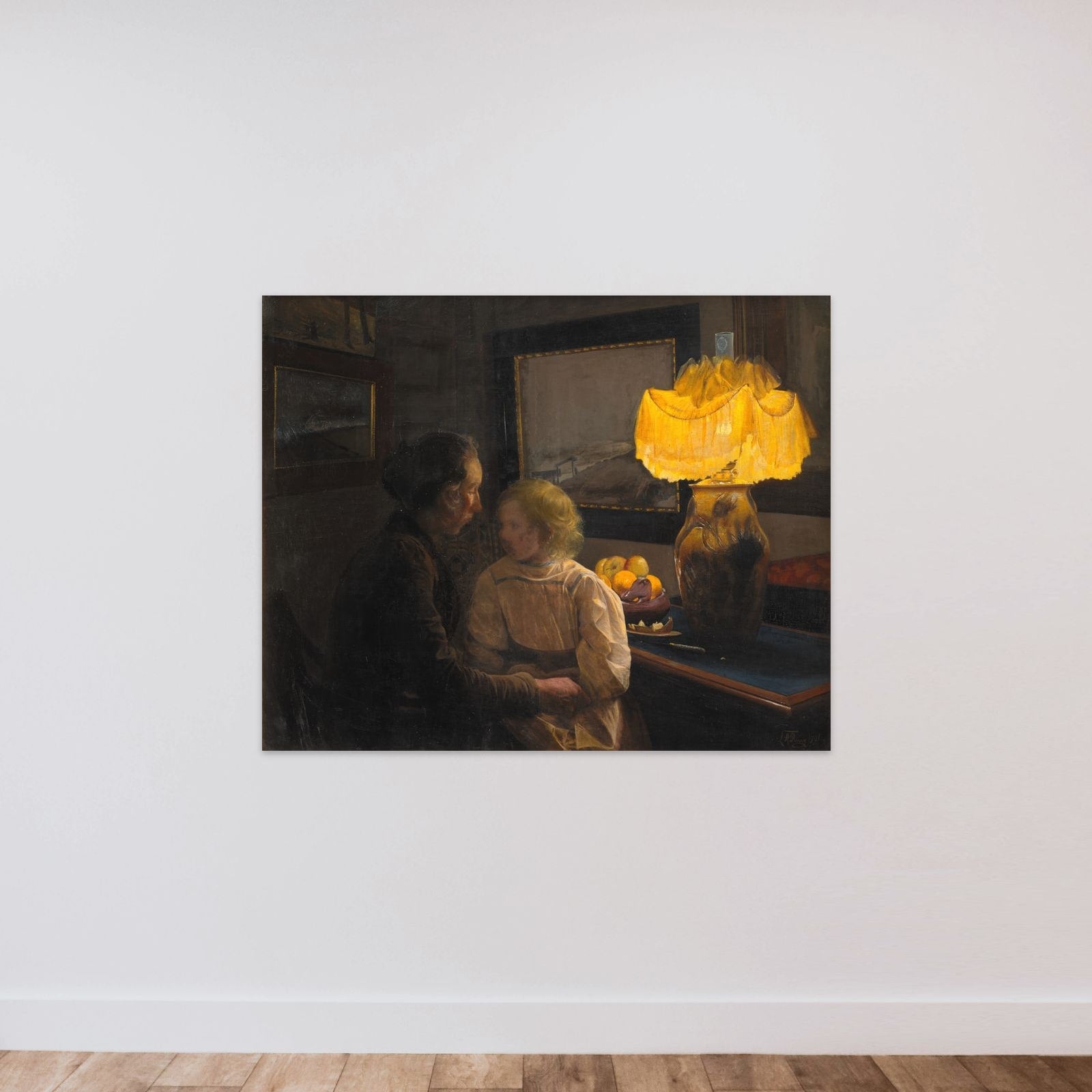 Moder fortæller. Kunstnerens hustru og datter unframed — shown to scale