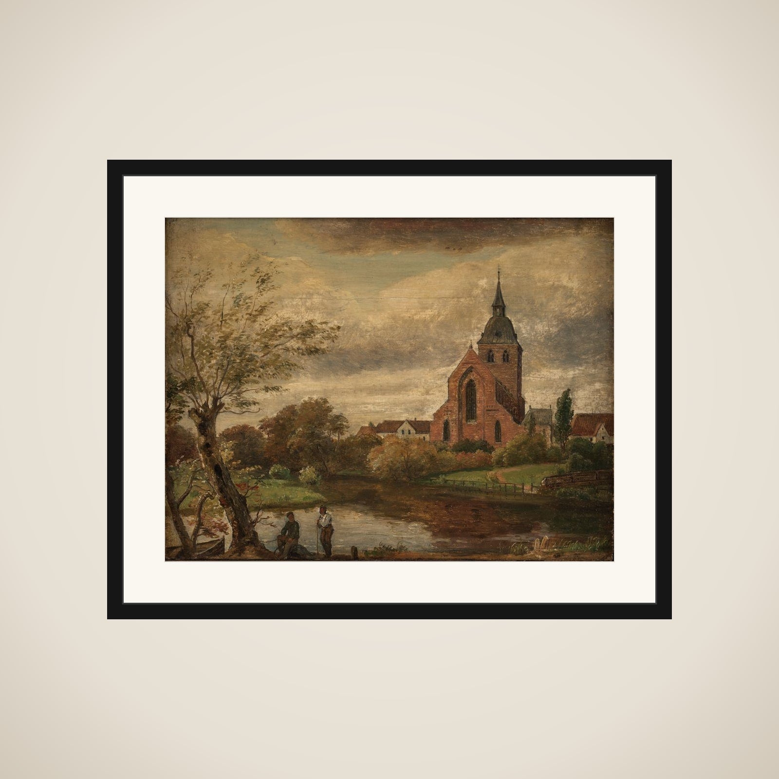 Efterårsdag ved Odense Å. Skt. Knuds Kirke set fra Blegepladsen framed
