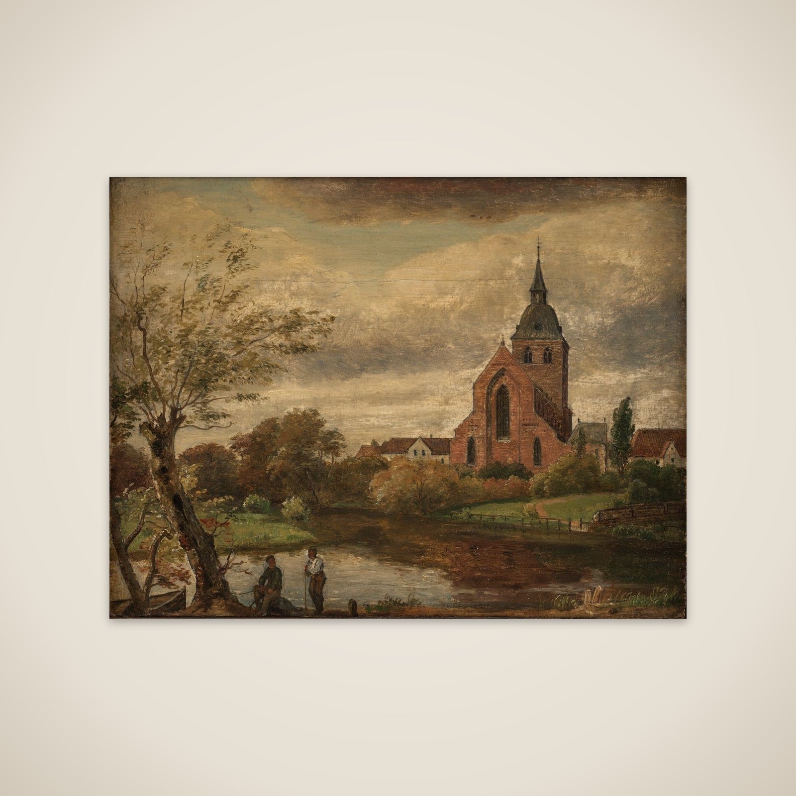 Efterårsdag ved Odense Å. Skt. Knuds Kirke set fra Blegepladsen unframed print