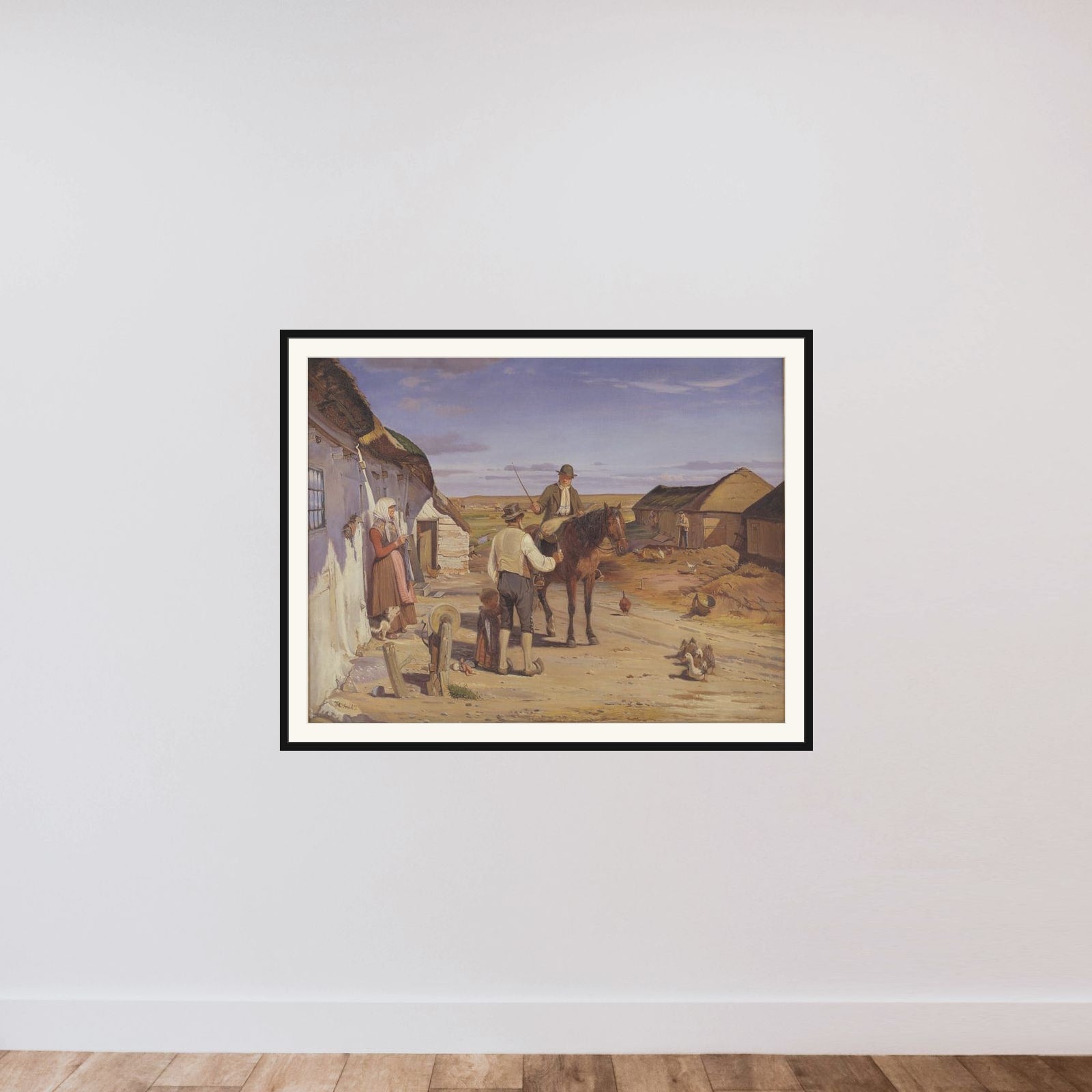 En fremmed spørger om vej i bondegården på heden framed — shown to scale
