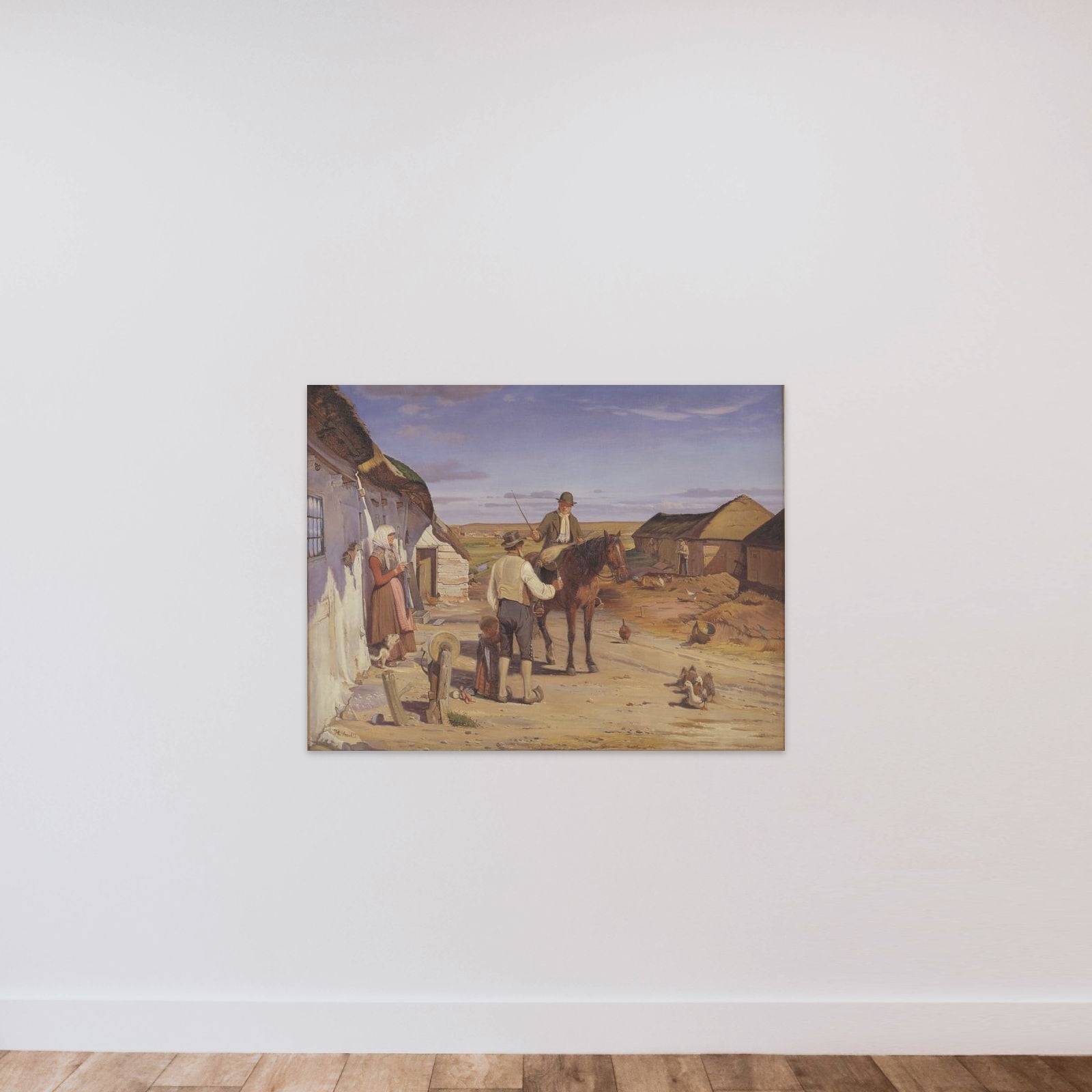 En fremmed spørger om vej i bondegården på heden unframed — shown to scale