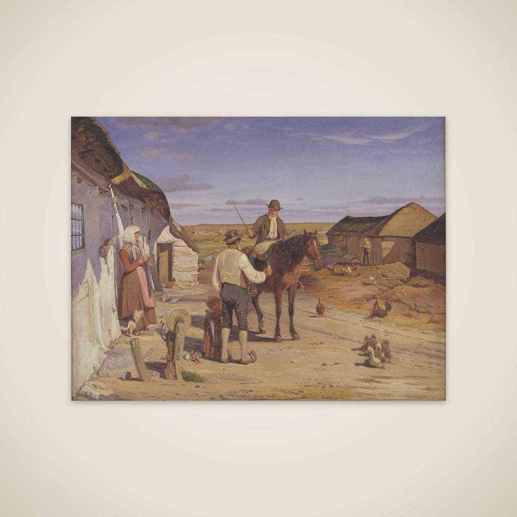 En fremmed spørger om vej i bondegården på heden unframed print