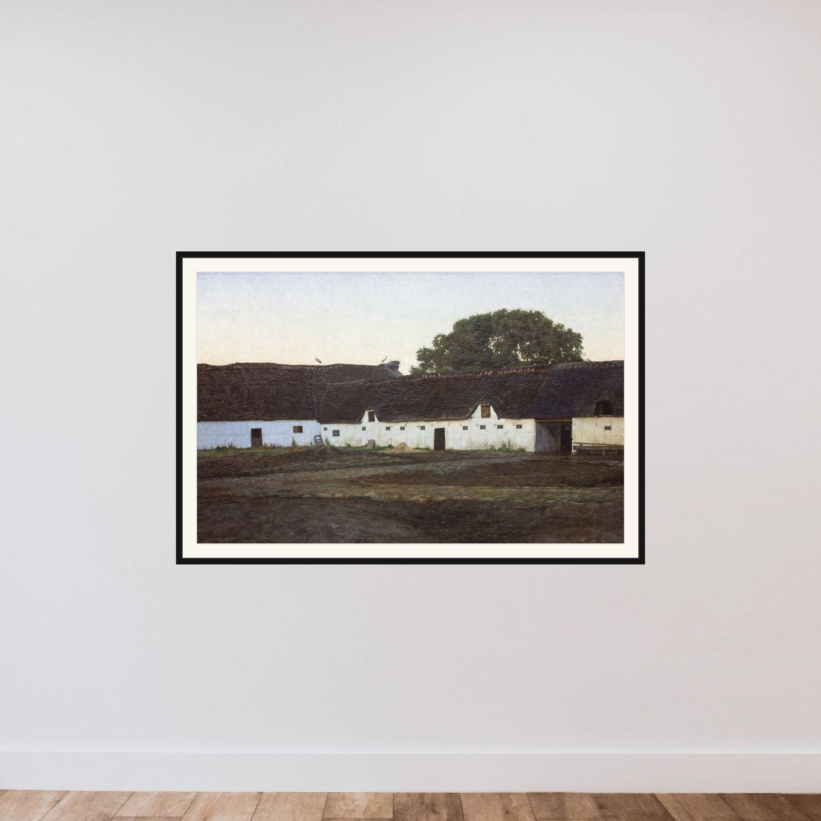 En gård i Vendsyssel. Solnedgang framed — shown to scale