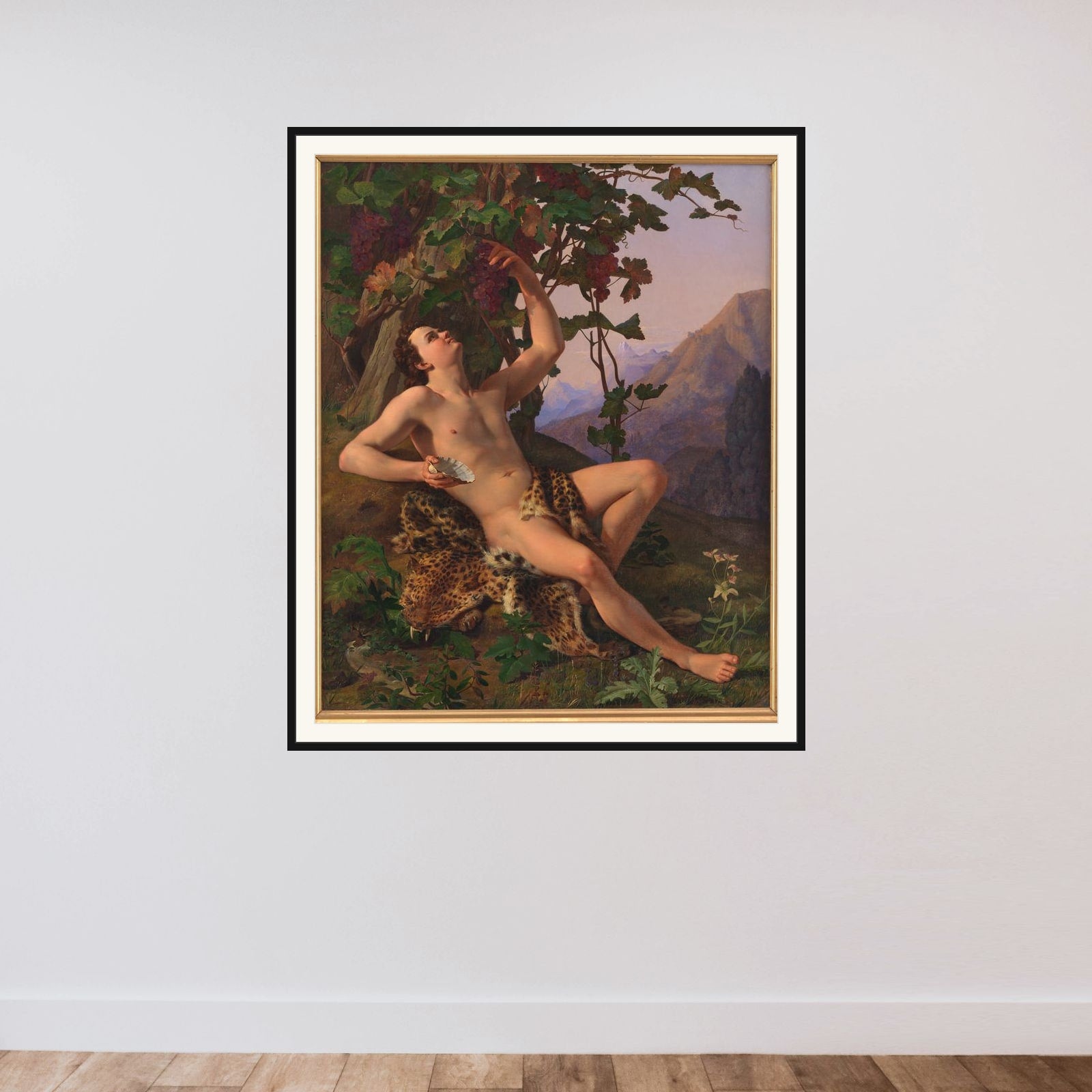 En ung faun ifærd med at plukke druer framed — shown to scale