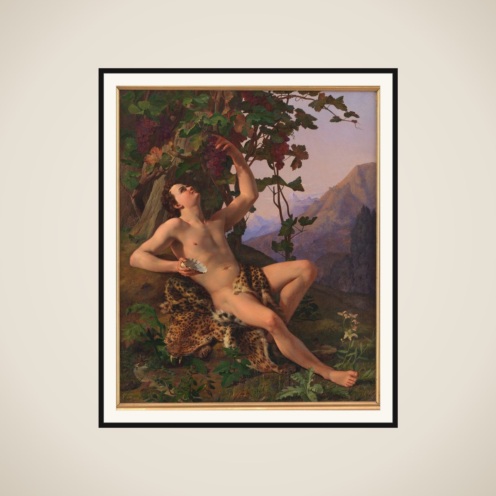 En ung faun ifærd med at plukke druer framed