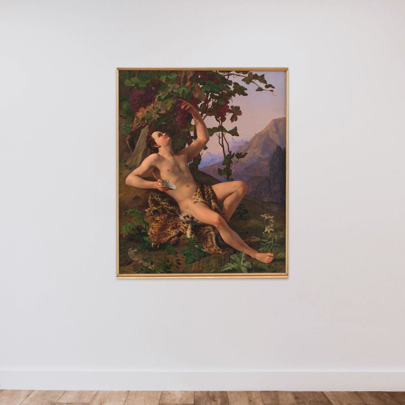 En ung faun ifærd med at plukke druer unframed — shown to scale