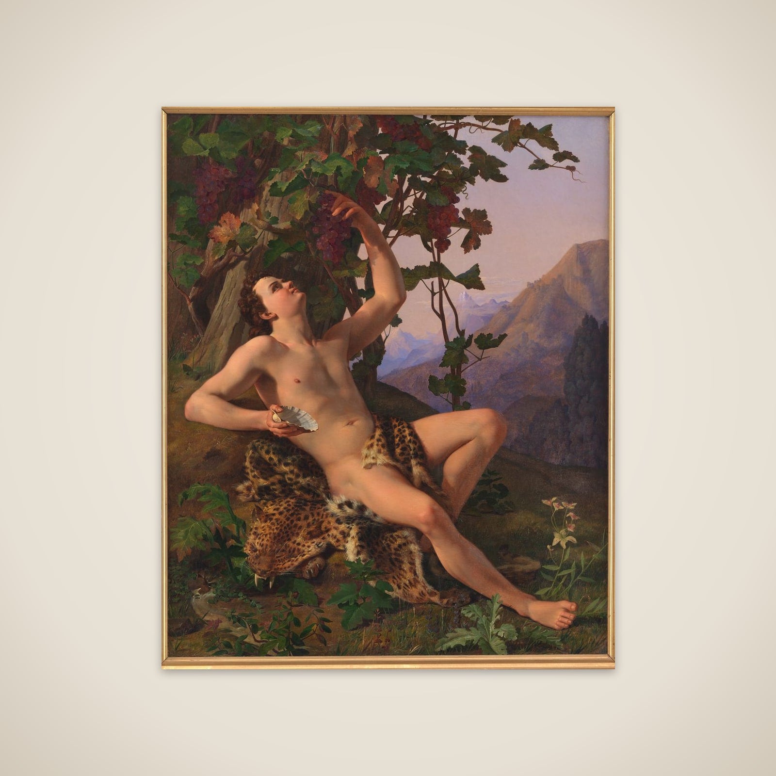 En ung faun ifærd med at plukke druer unframed print