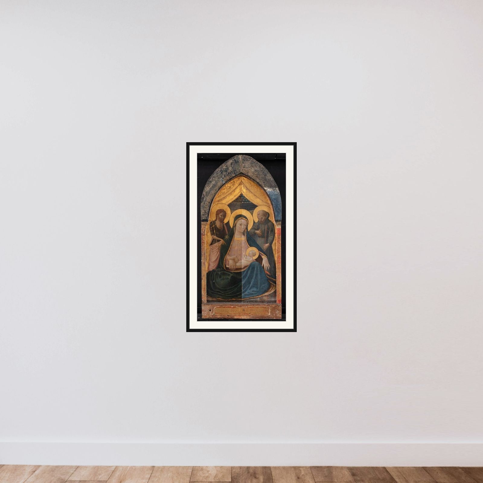 Madonna med Barnet og helgener framed — shown to scale