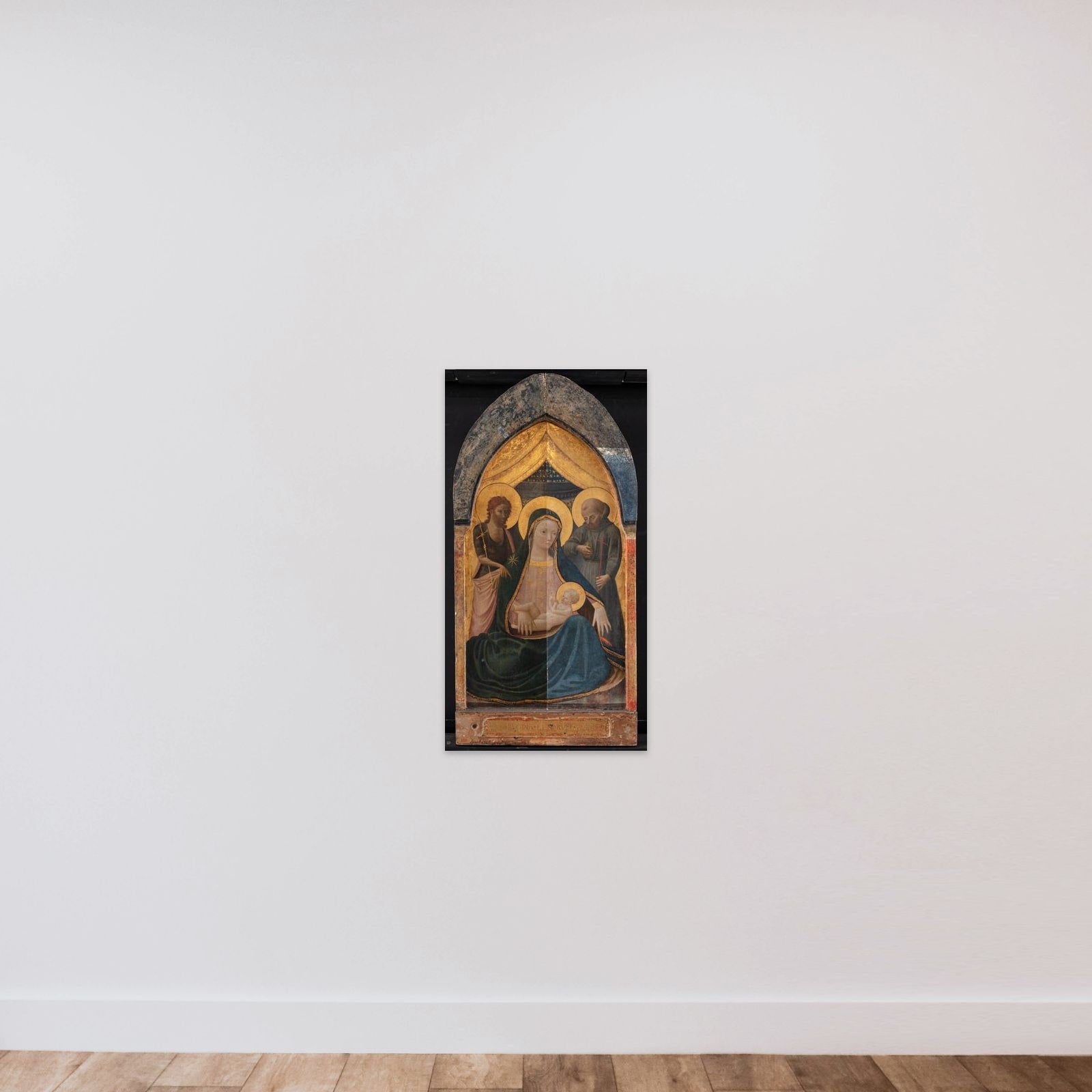 Madonna med Barnet og helgener unframed — shown to scale