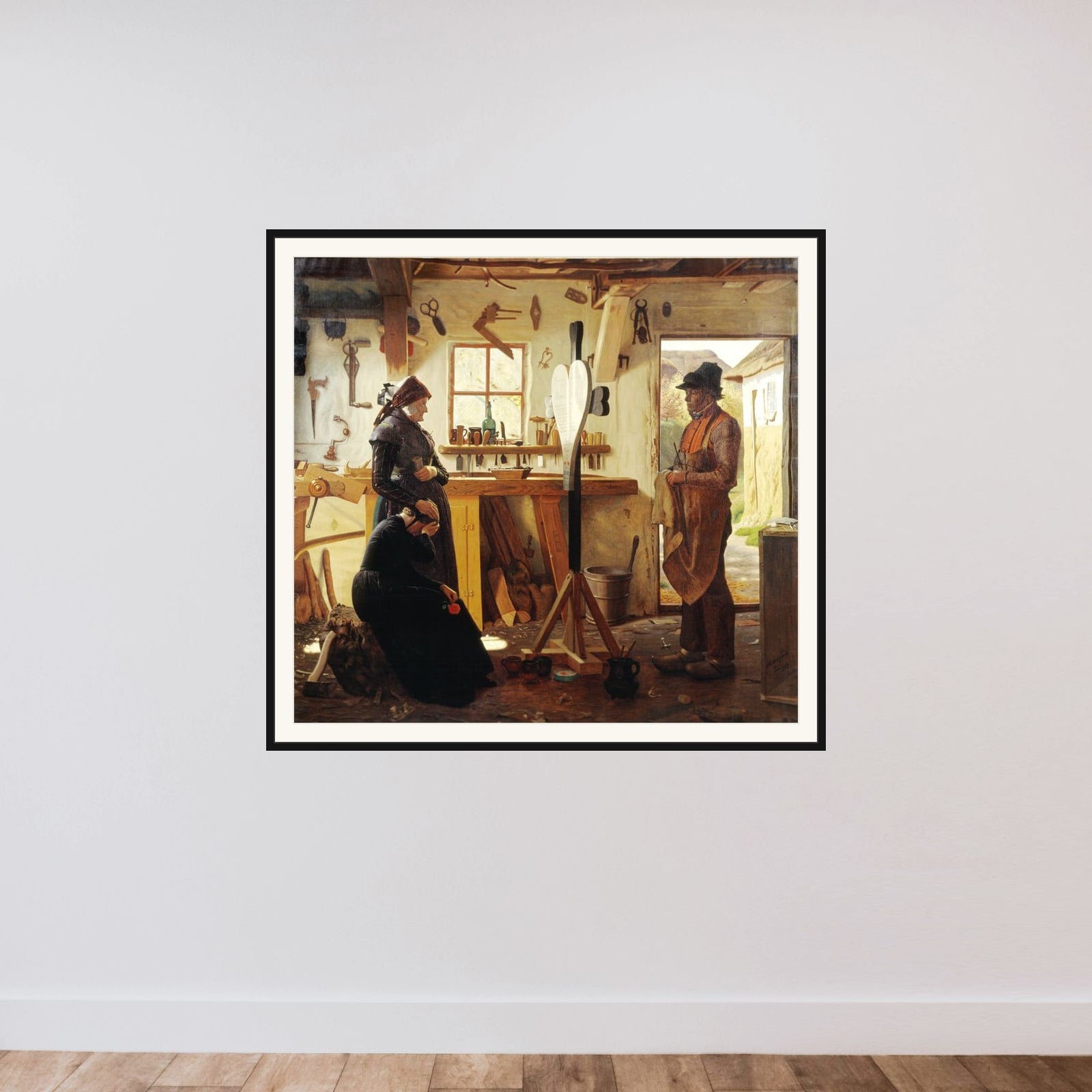 To kvinder besøger landsbykunstneren for at se det bestilte gravkors framed — shown to scale