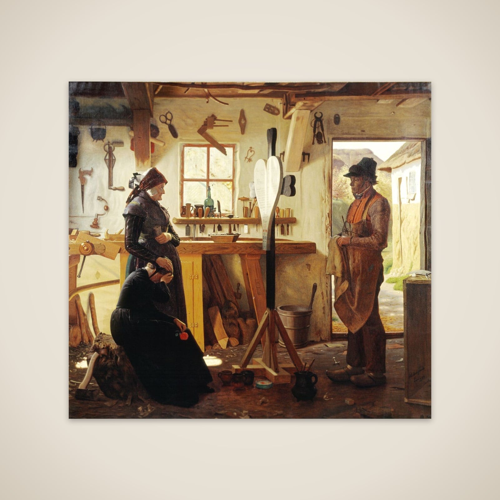 To kvinder besøger landsbykunstneren for at se det bestilte gravkors unframed print