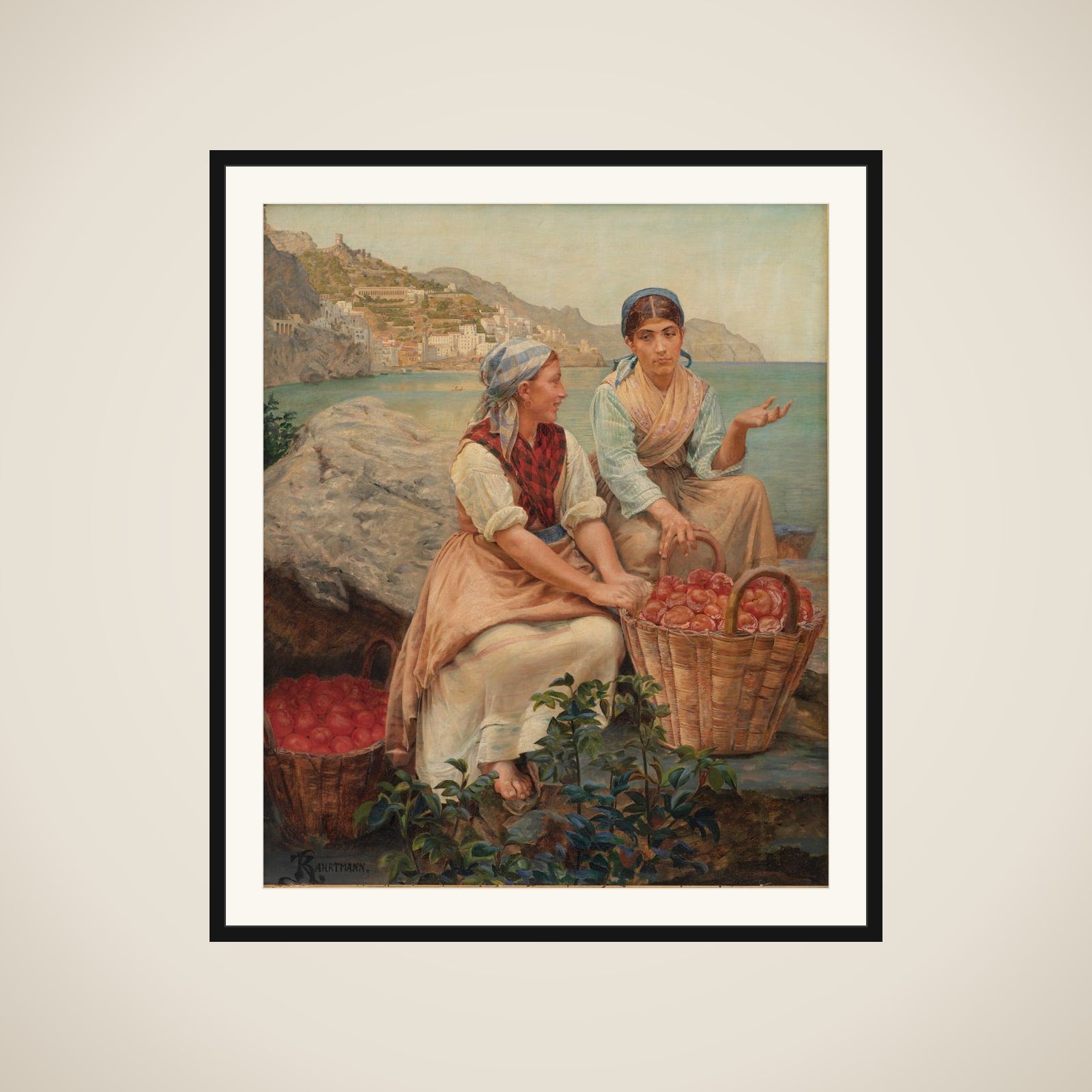 Italienske piger med tomater i kurve framed