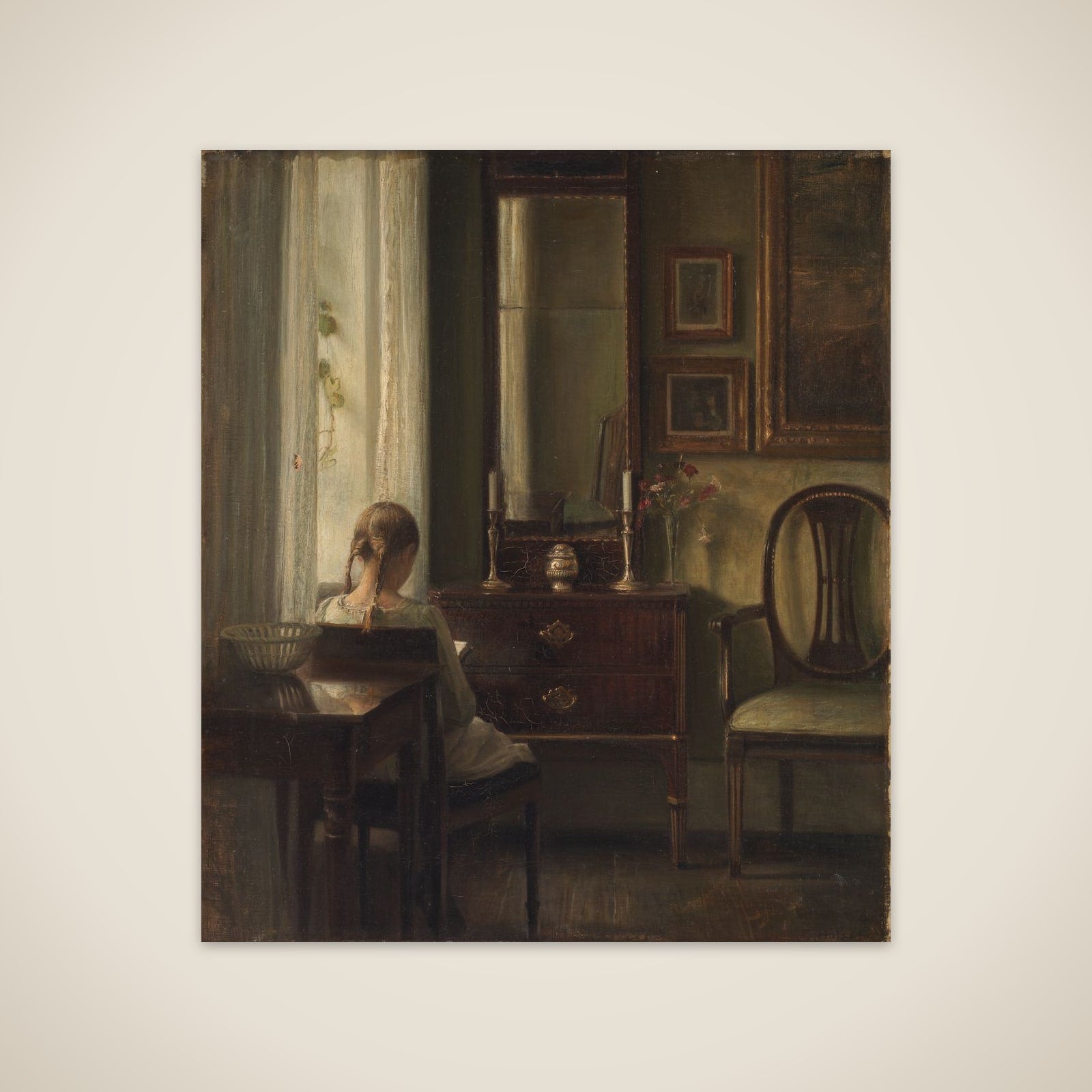 Interiør med ung pige der læser unframed print