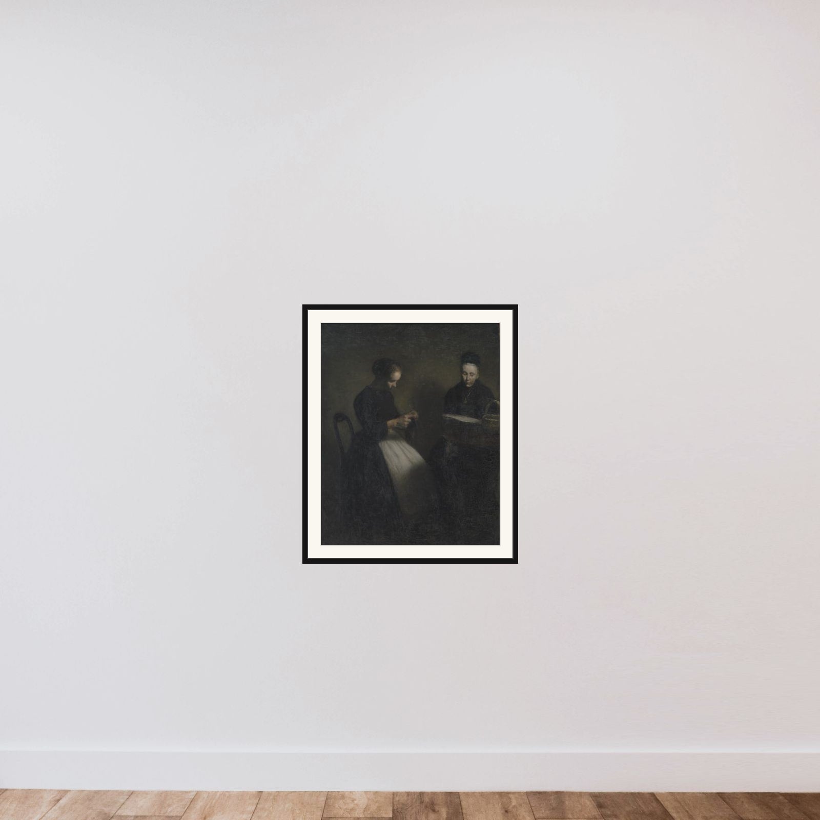 Afteninteriør. Kunstnerens moder og hustru framed — shown to scale
