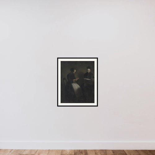 Afteninteriør. Kunstnerens moder og hustru framed — shown to scale