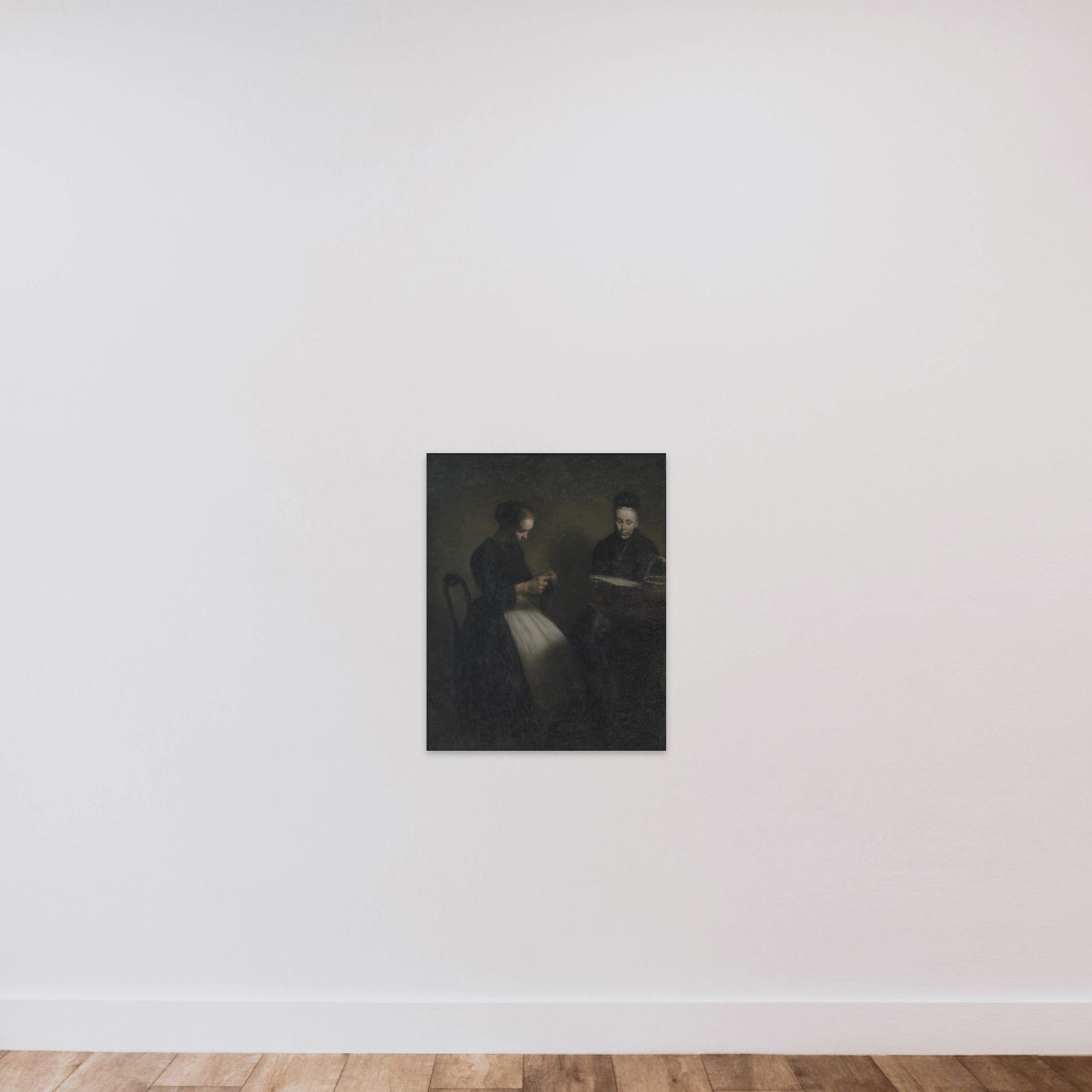 Afteninteriør. Kunstnerens moder og hustru unframed — shown to scale
