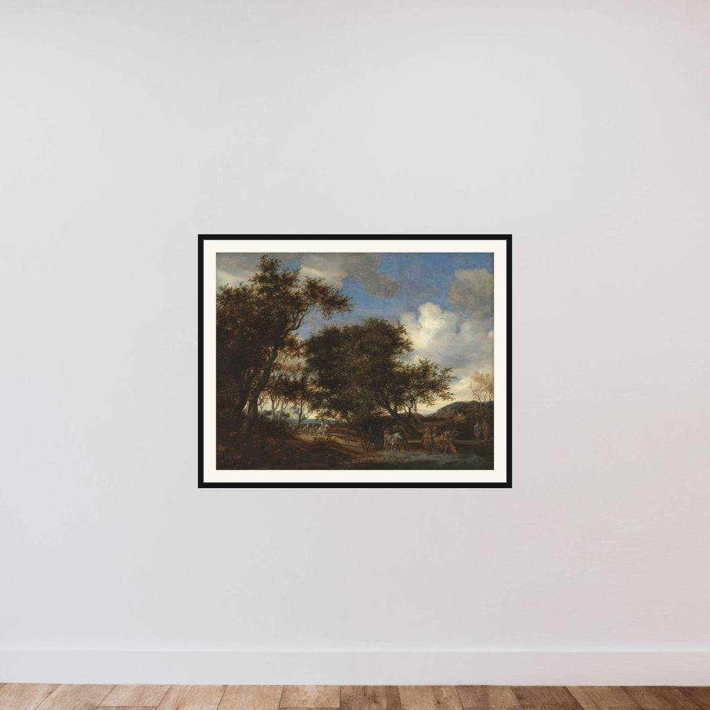 Landskab med rejsende, der vander deres heste framed — shown to scale