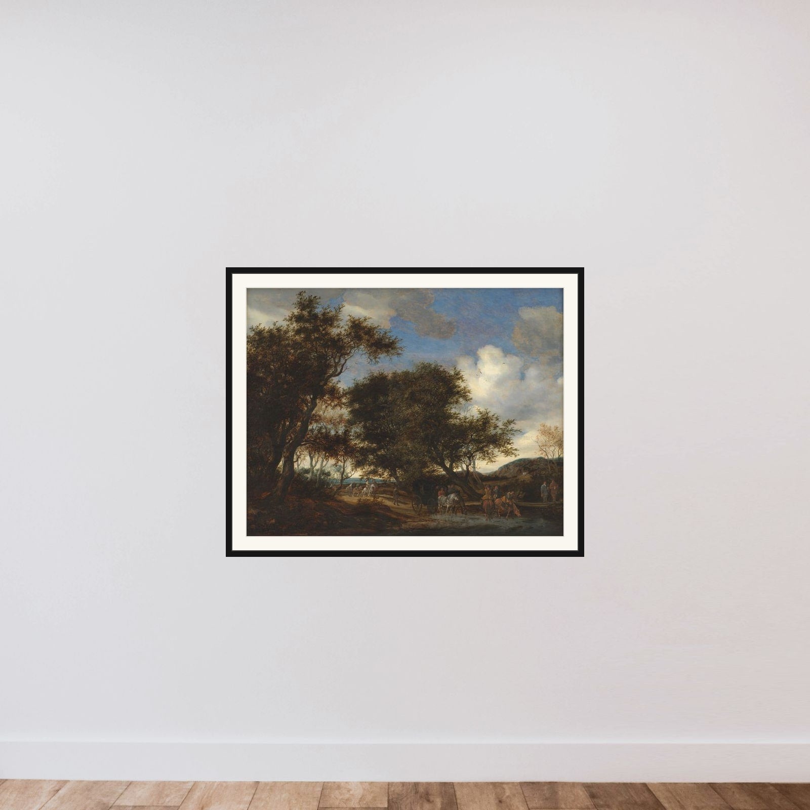 Landskab med rejsende, der vander deres heste framed — shown to scale
