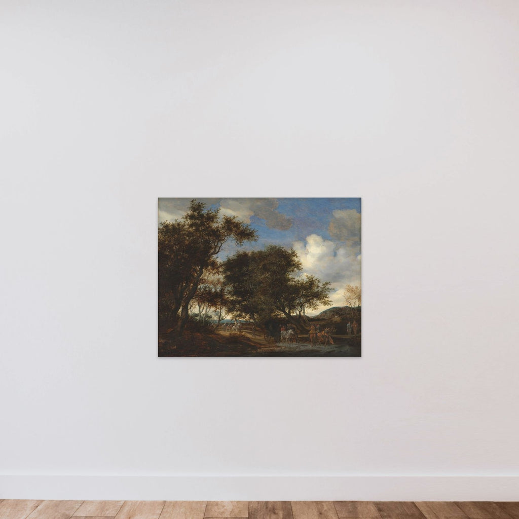 Landskab med rejsende, der vander deres heste unframed — shown to scale