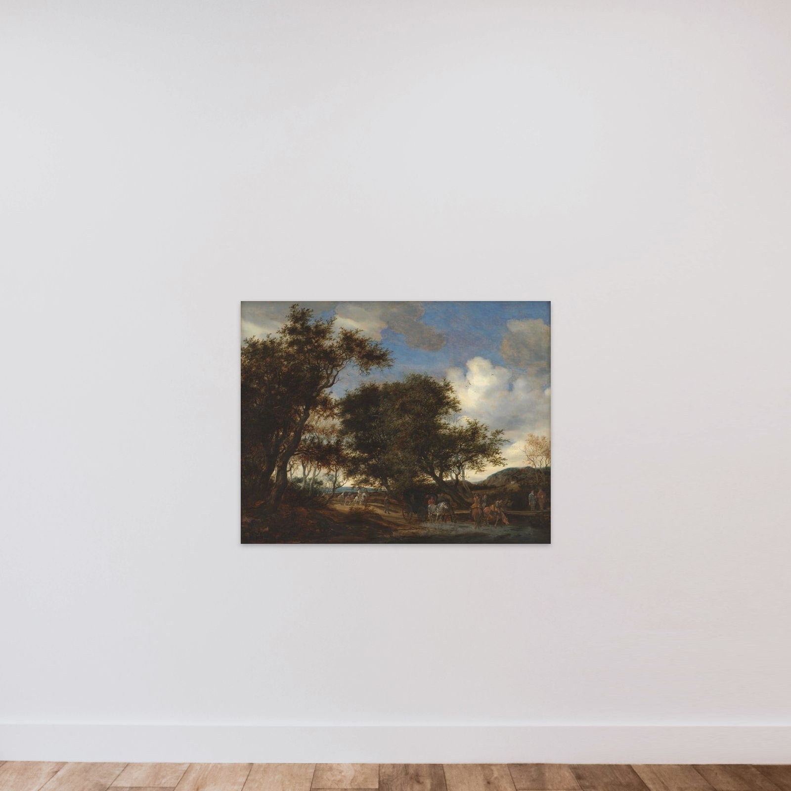 Landskab med rejsende, der vander deres heste unframed — shown to scale