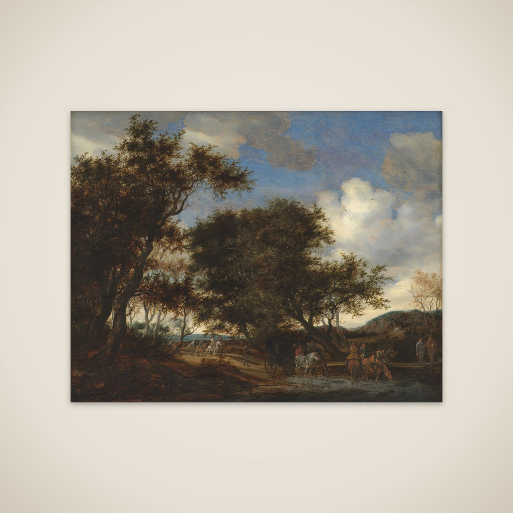 Landskab med rejsende, der vander deres heste unframed print