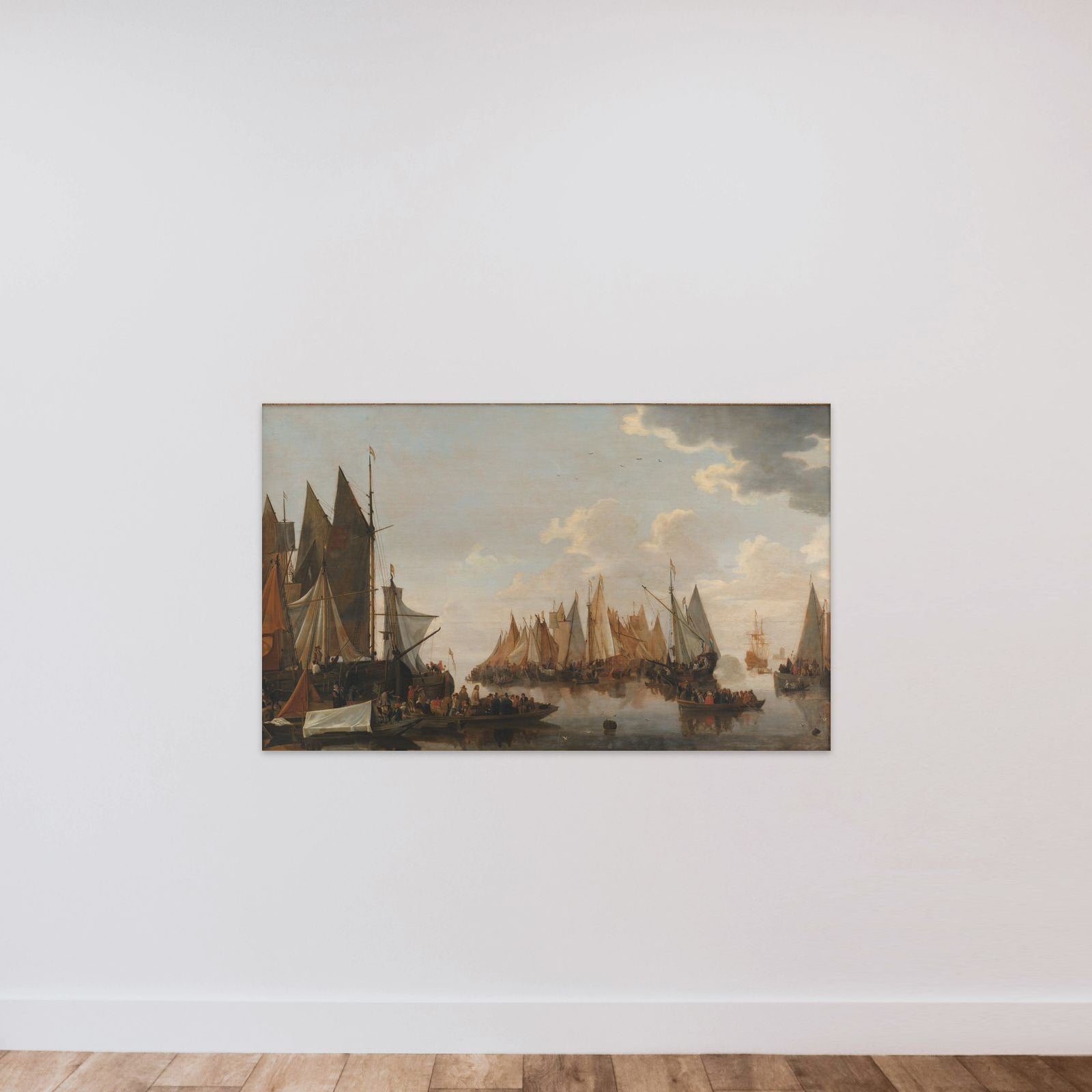 Troppeindskibning på en hollandsk flod unframed — shown to scale