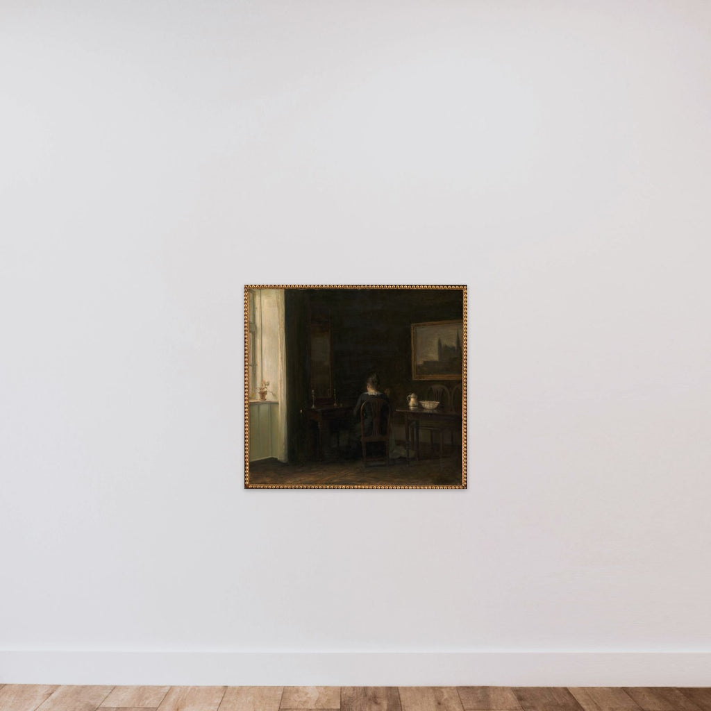 Interiør med kunstnerens hustru Emilie Heise unframed — shown to scale