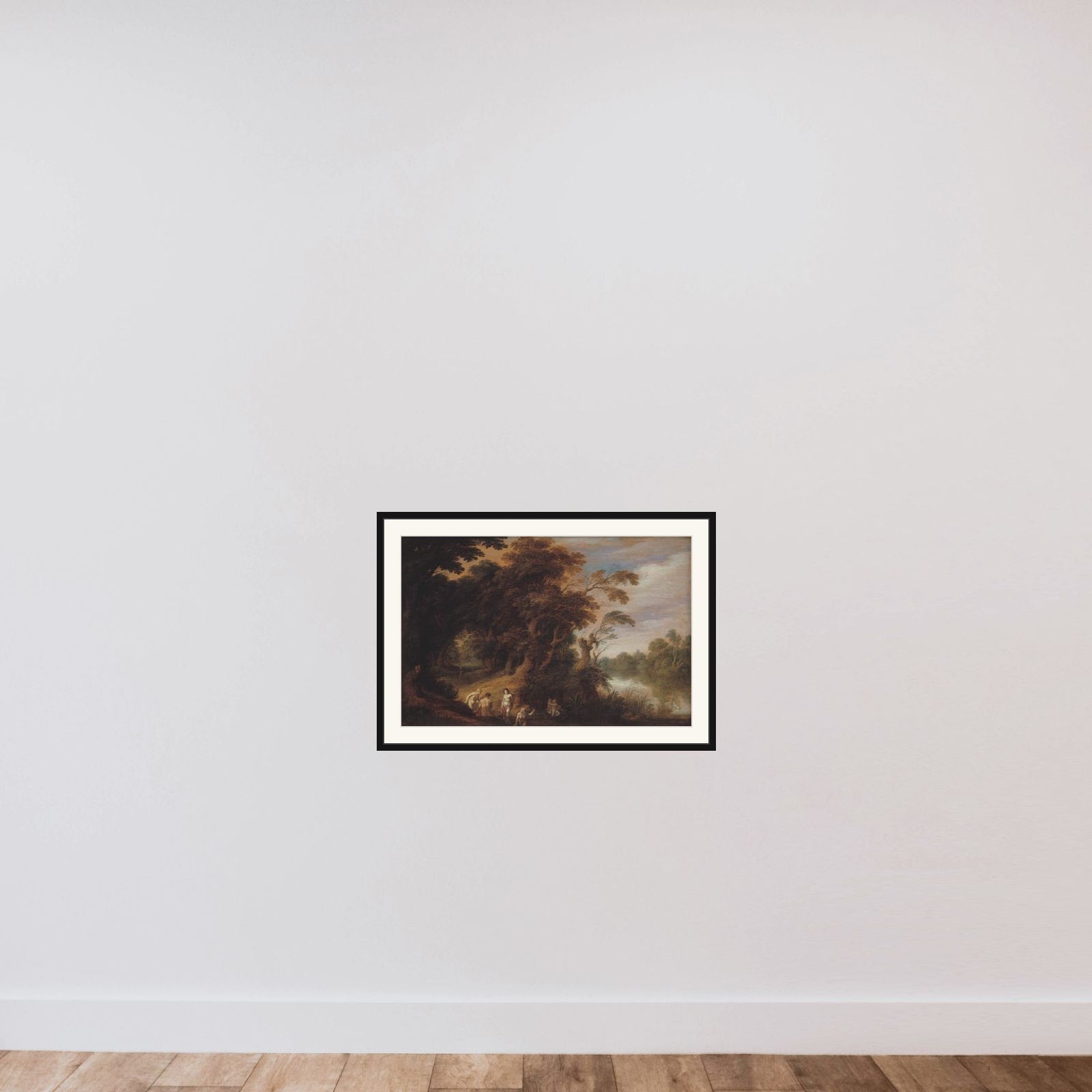 Skovlandskab med badende nymfer framed — shown to scale