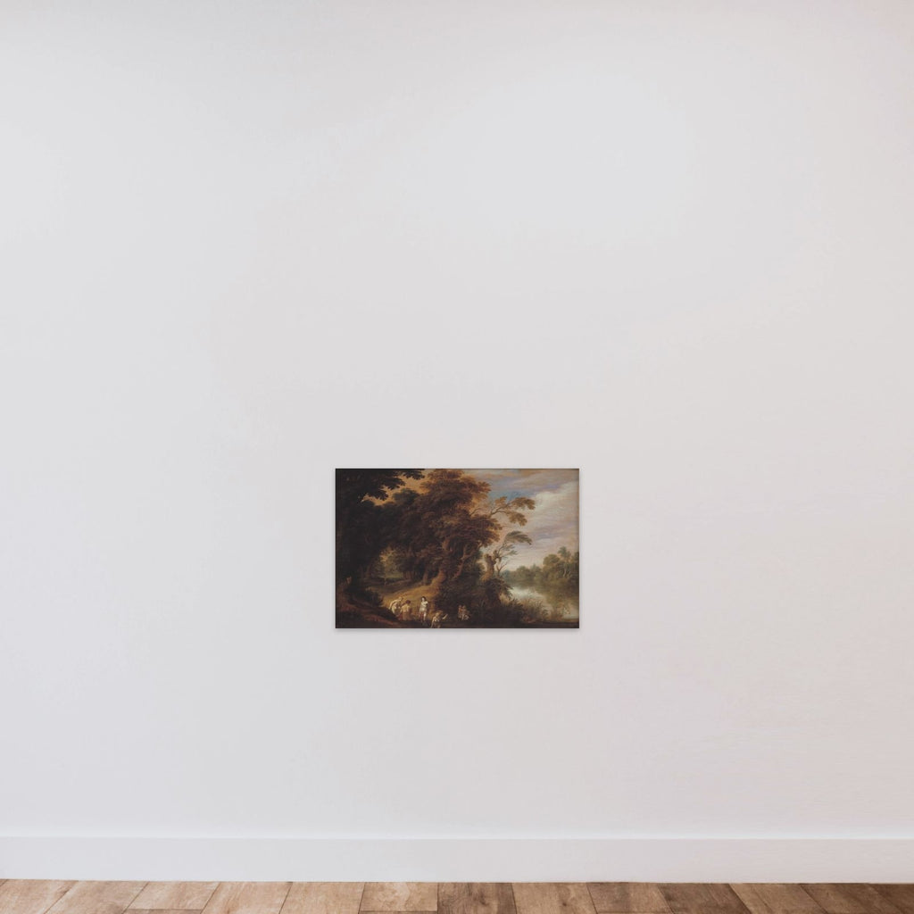 Skovlandskab med badende nymfer unframed — shown to scale