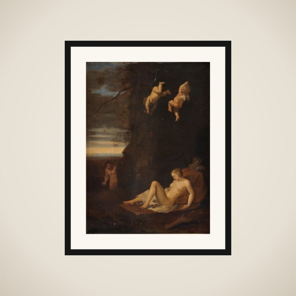 En satyr belurer en sovende nymfe. Antiope framed