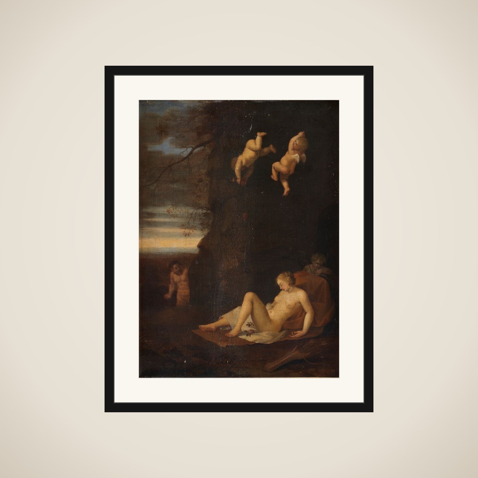 En satyr belurer en sovende nymfe. Antiope framed