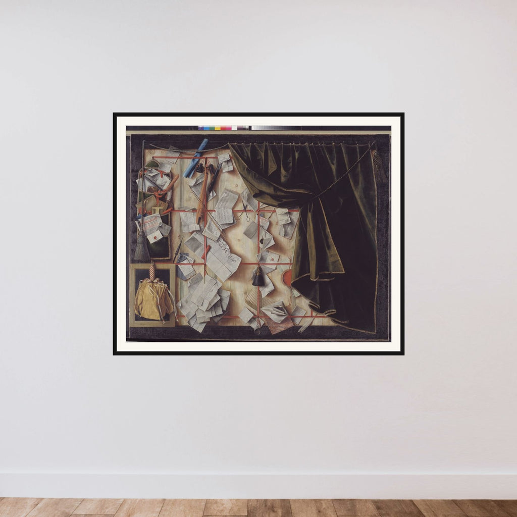 Trompe l'oeil med en brevvæg med Frederik III's proklamation framed — shown to scale