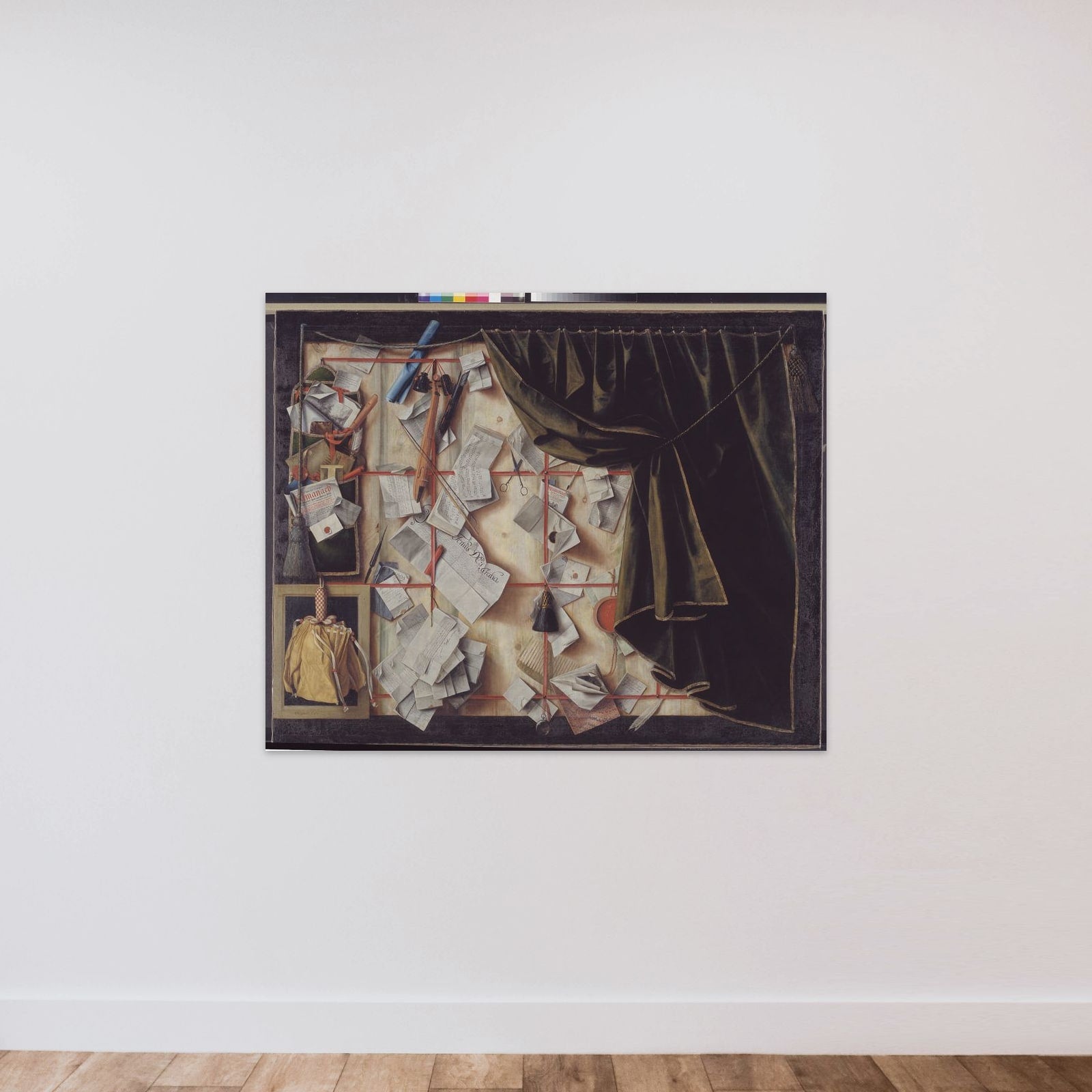 Trompe l'oeil med en brevvæg med Frederik III's proklamation unframed — shown to scale